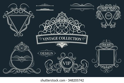 Vintage set decor elements. Decoration for logo, wedding album or restaurant menu. Elegance old hand drawing set. Ornate swirl leaves, label, curved lines and decor elements in vector.