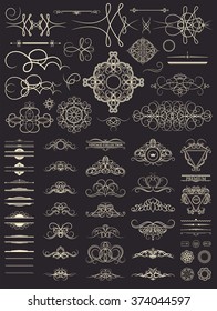 Vintage set decor elements. Decoration for logo, wedding album or restaurant menu. Elegance old hand drawing set. Ornate swirl leaves, label, curved lines and decor elements in vector. 