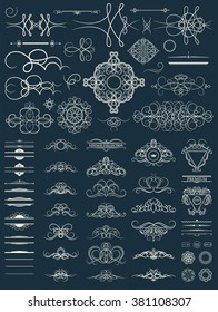 Vintage set decor elements. Decoration for logo, wedding album or restaurant menu. Elegance old hand drawing set. Ornate swirl leaves, label, curved lines and decor elements in vector. 