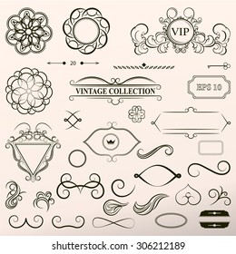 Vintage set decor elements. Elegance old hand drawing set. Outline ornate swirl leaves, acanthus, label, decor elements in vector. Big collection  borders for book, photo album or restaurant menu.