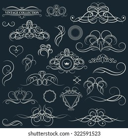 Vintage set decor elements. Elegance old hand drawing set. Ornate swirl leaves, label, acanthus elements, shield and decor elements in vector. Decoration for logo, wedding album or restaurant menu.