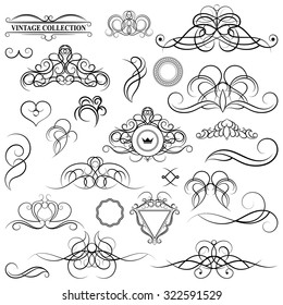 Vintage set decor elements. Elegance old hand drawing set. Ornate swirl leaves, label, acanthus elements, shield and decor elements in vector. Decoration for logo, wedding album or restaurant menu.