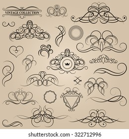 Vintage set decor elements. Elegance old hand drawing set. Ornate swirl leaves, label, acanthus elements, shield and decor elements in vector. Decoration for logo, wedding album or restaurant menu.