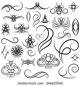 Vintage set decor elements. Elegance old hand drawing set. Ornate swirl leaves, label, curved lines and decor elements in vector. Decoration for logo, wedding album or restaurant menu.