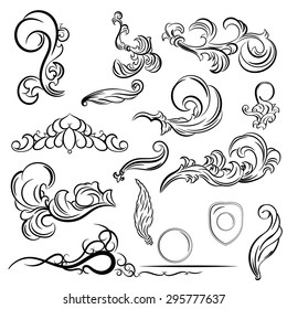 Vintage set decor elements for menu. Elegance old hand drawing set. Ornate swirl leaves, label, acanthus eltments, shield and decor elements in vector. For writer, widding or restaraunt.