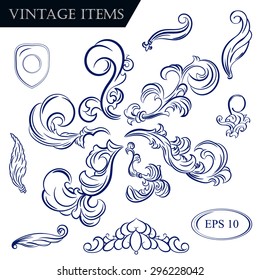 Vintage set decor elements for menu. Elegance old hand drawing set. Ornate swirl leaves, label, acanthus eltments, shield and decor elements in vector. For writer, widding or restaraunt.