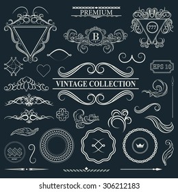 Vintage set decor elements for menu. Elegance old hand drawing set. Outline ornate swirl leaves, label, acanthus elements, shield and decor elements in vector. Signs for writer, wedding or restaurant.