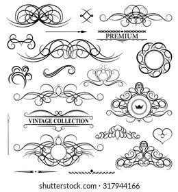 Vintage set decor elements for menu. Elegance old hand drawing set. Outline ornate swirl leaves, label, acanthus elements and decor elements in vector. Sketch for writer, wedding or restaurant.