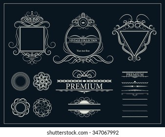 Vintage set decor elements for menu. Elegance old hand drawing set. Sketch ornate swirl leaves, label, acanthus elements, shield and decor elements in vector. Sketch for writer, wedding or restaurant.