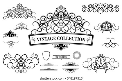 Vintage set decor elements for menu. Elegance old hand drawing set. Sketch ornate swirl leaves, label, acanthus elements, shield and decor elements in vector. Sketch for writer, wedding or restaurant.