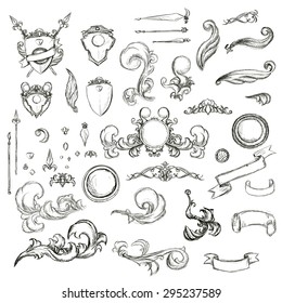 Vintage set decor elements for menus. Elegant old hand drawing set. Sketch ornate swirl leaves, label, acanthus elements, shield and decor elements in vector. Sketch for writer, wedding or restaurant.