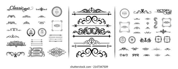 Vintage set decor elements for wedding cards, decorating valentines, vector framing title of different printed products. Vintage patterns, frames and weaves on a white background. Round business icons