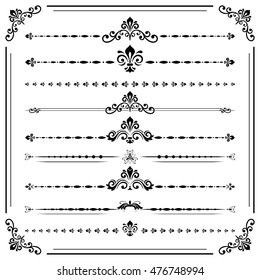 Vintage set of decorative black elements. Horizontal separators in the frame. Collection of different ornaments