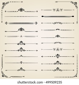 Vintage set of decorative black elements. Horizontal separators in the frame. Collection of different ornaments