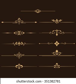 Vintage set of decorative elements. Golden separators on a black background.