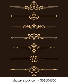 Vintage set of decorative elements. Golden separators on a black background.