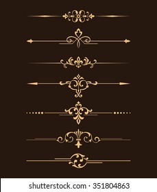 Vintage set of decorative elements. Golden separators on a black background.