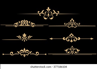 Vintage set of decorative elements. Golden separators on a black background.