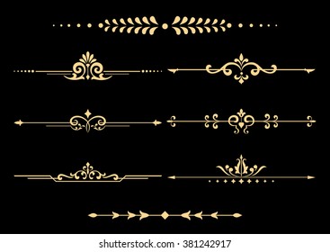 Vintage set of decorative elements. Golden separators on a black background.