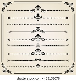 Vintage set of decorative elements. Horizontal separators in the frame. Collection of different ornaments