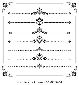 Vintage set of decorative elements. Horizontal separators in the frame. Collection of different ornaments. Black and white colors