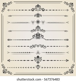 Vintage set of decorative elements. Horizontal separators in the frame. Collection of different ornaments. Classic patterns. Set of vintage patterns.