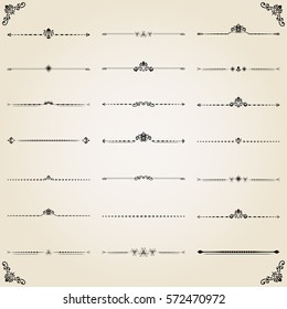 Vintage set of decorative elements. Horizontal separators in the frame. Collection of different ornaments. Classic patterns. Set of vintage patterns.