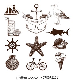 Antiguas conjunto de Elementos de mar decorativos y tinta dibujado a mano ilustraciones de vacaciones de verano