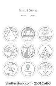 Vintage set - design elements - travel & camping, thin line ( variable line width )