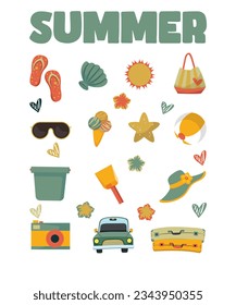 Vintage Set Of Different Beach And Summer Icons In Retro Colors