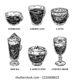 Vintage set. Different types of coffee preparation. Espresso, americano, latte, mocha, cappuccino and coffee Irish. Engraving style. Vector illustration.
