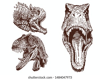 Vintage  set of dinosaur portraits, graphical vector illustration,paleontology