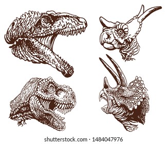 Vintage  set of dinosaur portraits, graphical vector illustration,paleontology