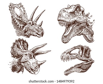 Vintage set of dinosaur portraits, graphical vector illustration,paleontology