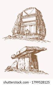 Vintage set of dolmens, sepia background,vector illustration,megalith