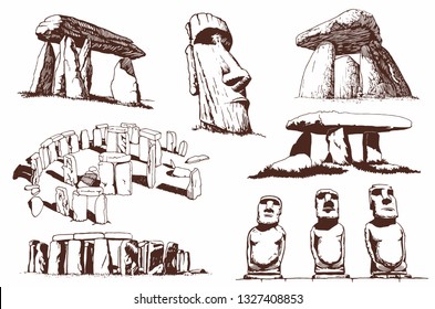 Vintage set of dolmens and statues of Easter island,vector illustration