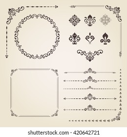 Vintage set of elements. Different vector elements for decoration and design frames, cards, menus, backgrounds and monogram. Collection of floral ornaments