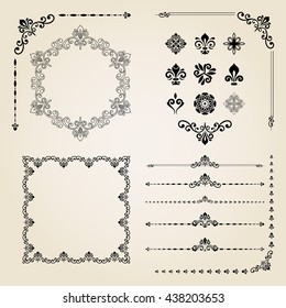 Vintage set of elements. Different vector elements for decoration and design frames, cards, menus, backgrounds and monograms. Collection of floral ornaments
