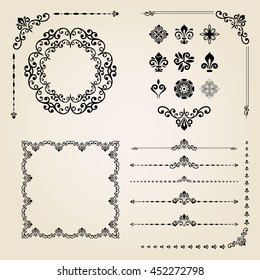 Vintage set of elements. Different vector elements for decoration and design frames, cards, menus, backgrounds and monograms. Collection of floral ornaments