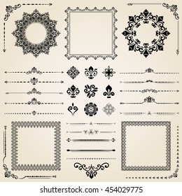 Vintage set of elements. Different vector elements for decoration and design frames, cards, menus, backgrounds and monograms. Collection of floral ornaments