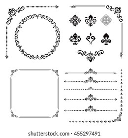 Vintage set of elements. Different vector elements for decoration and design frames, cards, menus, backgrounds and monograms. Collection of floral ornaments. Black and white colors