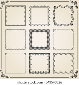 Vintage set of elements. Different vector square elements for decoration and design frames, cards, menus, backgrounds and monograms. Classic patterns. Set of vintage patterns