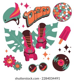 Vintage set of elements inspired by disco, roller skates and the era of the 70-80s. Roller skates, helmet, disco ball, ice cream, sunglasses, vinyl, daisies, tropical leaves, stars and shine