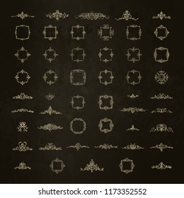 Vintage set exclusive borders and frame. Wicker lines and business gold decor elements. Luxury page decoration in vector. Design element with original, brand, product, quality, vip. 