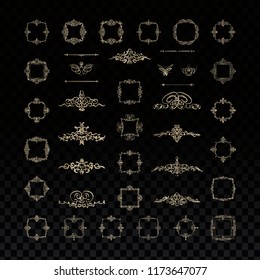 Vintage set exclusive borders and frame. Wicker lines and business gold decor elements. Luxury page decoration in vector. Design element with original, brand, product, quality, vip. 