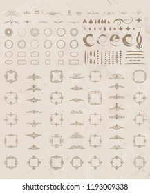Vintage set exclusive borders and frame. Wicker lines and business vector decor elements. Luxury page decoration with genuine. Design element with original, brand, product, quality, vip. Calligraphic 