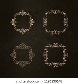 Vintage set exclusive borders and frame. Wicker lines and business vector decor elements. Luxury page decoration with genuine. Design element with original, brand, product, quality, vip. Calligraphic 