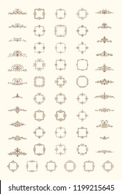 Vintage set exclusive borders and frame. Wicker lines and business vector decor elements. Luxury page decoration with genuine. Design element with original, brand, product, quality, vip. Calligraphic 