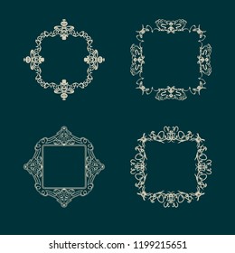 Vintage set exclusive borders and frame. Wicker lines and business vector decor elements. Luxury page decoration with genuine. Design element with original, brand, product, quality, vip. Calligraphic 