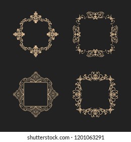Vintage set exclusive borders and frame. Wicker lines and business vector decor elements. Luxury page decoration with genuine. Design element with original, brand, product, quality, vip. Calligraphic 